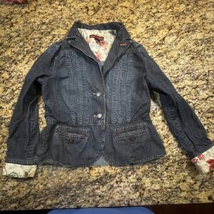 Jones Wear Jeans Denim Blazer Dark Wash Floral Trim Pintuck Jacket Womens‎ 10